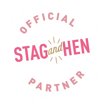 Circular logo with 'Official Partner' and 'Stag and Hen' in pink and gold.