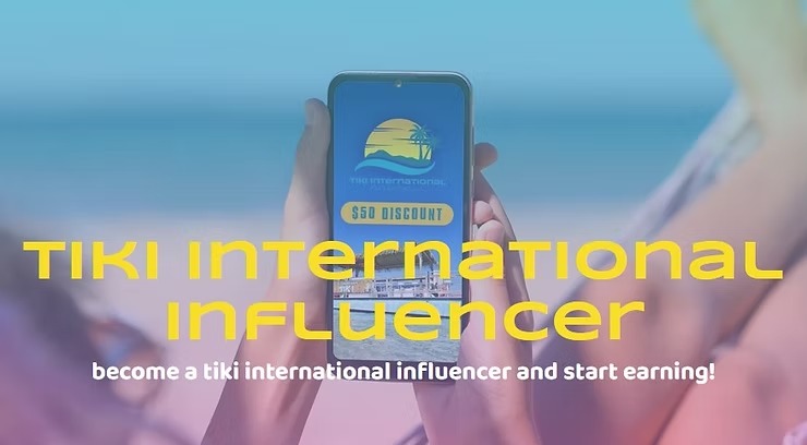 Smartphone with Tiki International Influencer promo, $50 discount on screen.