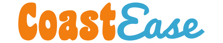 Text 'CoastEase' in orange and blue stylized font on transparent background.