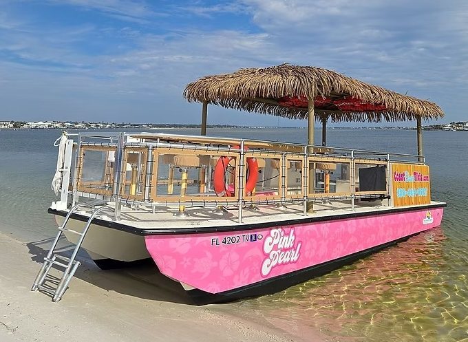 Pink tiki-themed boat with thatched roof docked on sandy beach by calm water and blue sky.