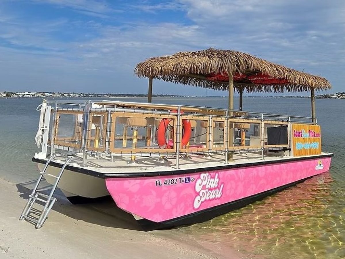 Pink tiki-themed boat with thatched roof docked on sandy beach by calm water and blue sky.
