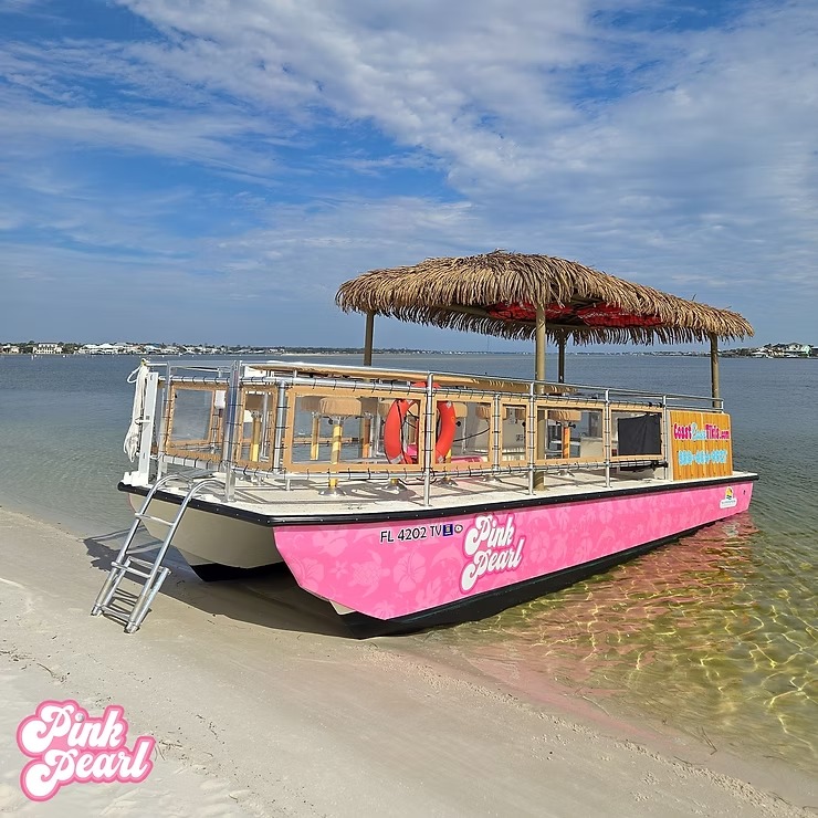 Pink tiki-themed boat with thatched roof docked on sandy beach by calm water and blue sky.