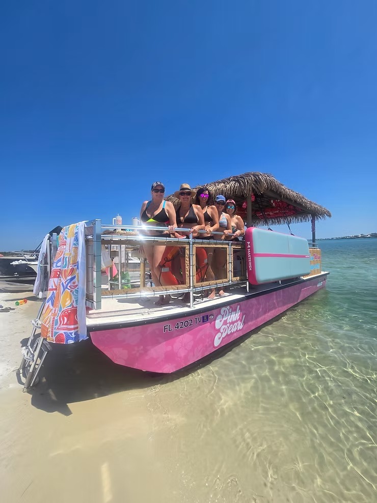 Five people on a pink boat with a thatched roof near the shore on a sunny day.