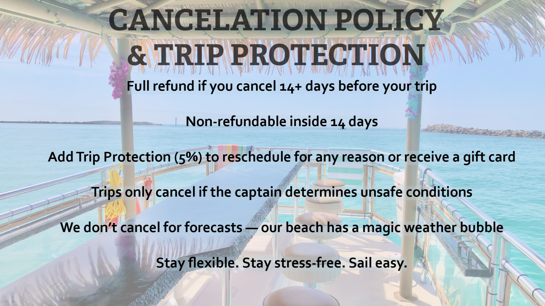 Cancellation policy sign on a boat with ocean view; includes refund and trip protection details.