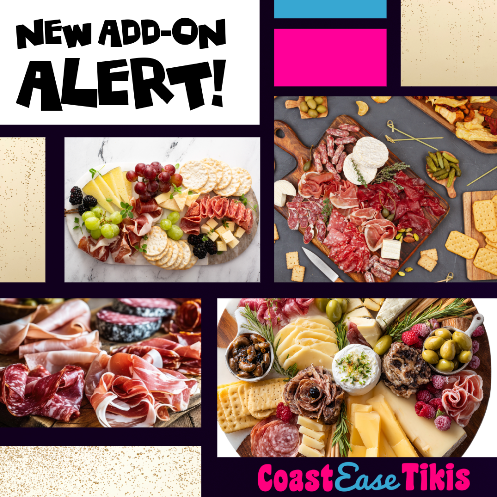 Charcuterie board add‑on for CoastEase Tikis in Orange Beach featuring Bubbly & Beyond’s handcrafted meats, cheeses, fruits, and snacks. Available in Small, Medium, and Large sizes for tiki boat cruises.