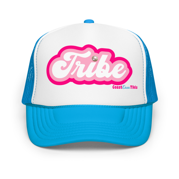 Blue and white cap with 'Tribe' text in pink.