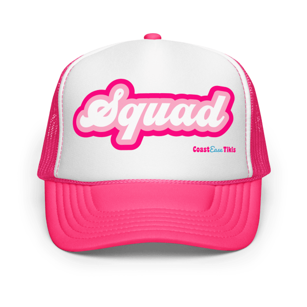 Pink and white trucker hat with 'Squad' text on the front.