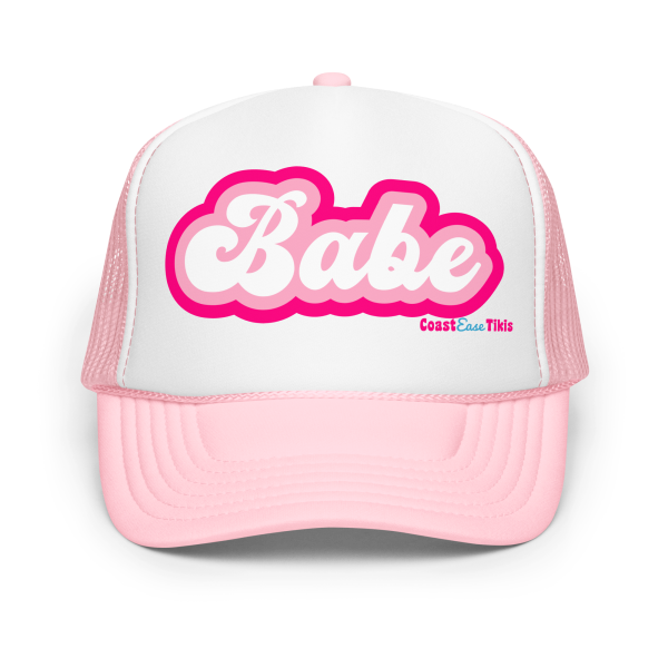 Pink and white trucker hat with 'Babe' in bold letters on front.