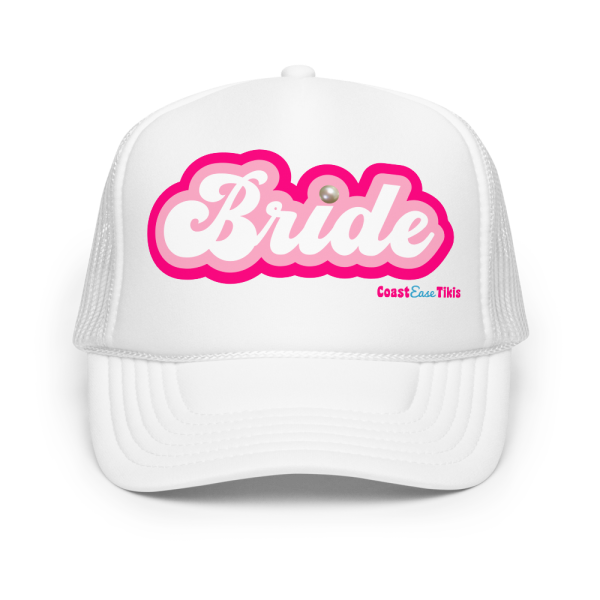 White cap with 'Bride' in pink letters.