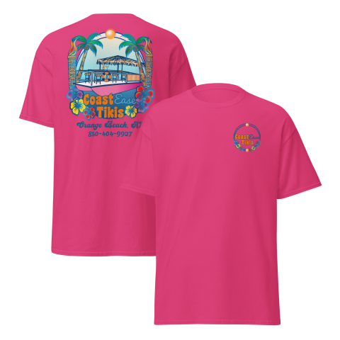 Pink T-shirt with beach scene and 'Coast Ease Tikis' text on front and back.