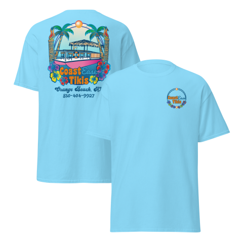Blue t-shirt with tropical bar design on back and small logo on front.