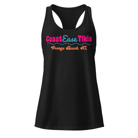 Black tank top with colorful 'Coast Ease Tikis' text.