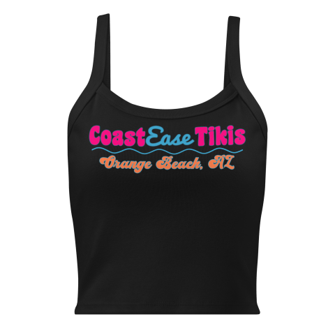 Black tank top with 'CoastEase Tikis, Orange Beach, AL' in colorful text.