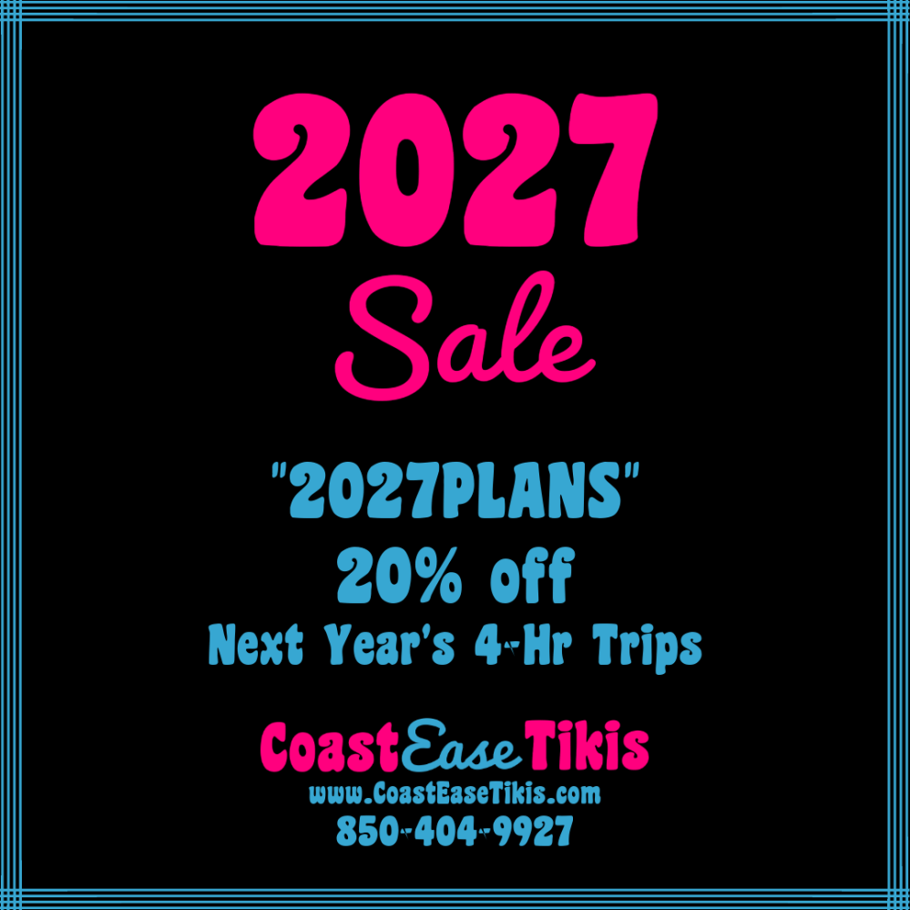 Colorful flyer with text about a 2027 sale offering 20% off next year's trips.